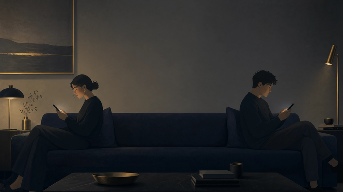Couple on couch disconnected, scrolling on phones